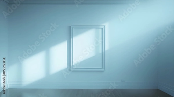 Fototapeta High-resolution stock photo A blank white frame on a wall in a simple interior, illuminated by natural light. Cool color palette of blues, greens
