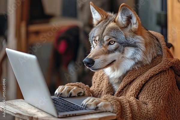 Fototapeta wolf. happy. in hipster clothes with a laptop, concept of casual clothes and portrait of an animal behind a laptop.