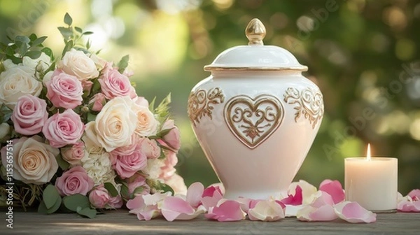 Fototapeta Elegant White and Gold Heart-Decorated Urn with Rose Bouquet and Candlelight in Tranquil Garden Setting, Soft Pastel and Warm Tones