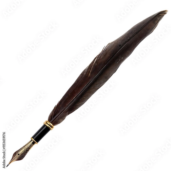 Fototapeta Elegant Quill Pen: A close-up of a sophisticated dark brown feather quill pen, poised for writing or artistic expression.  The image evokes a sense of classic elegance and timeless creativity. 