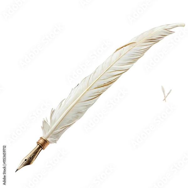 Fototapeta Elegant Quill Pen: A pristine white feather quill pen with gold accents, poised for writing, evokes a sense of classic elegance and timeless artistry. 