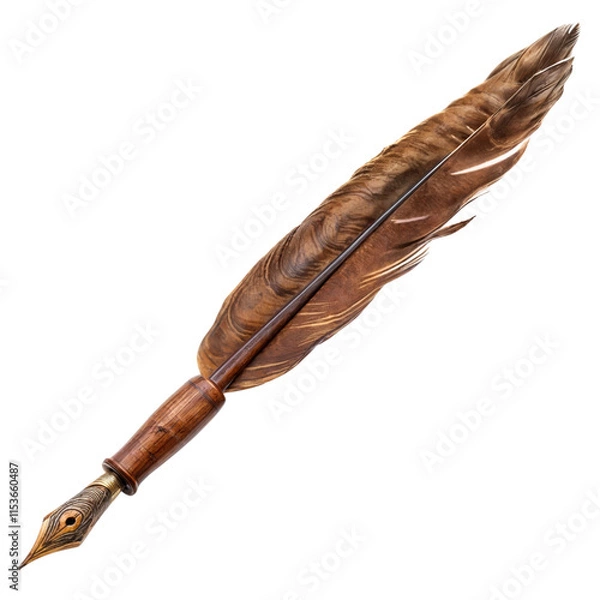 Fototapeta The Quill's Tale:  A rustic feather quill pen with a wooden nib, a timeless symbol of writing and creativity, captured in a close-up image that evokes a sense of history and tradition.  