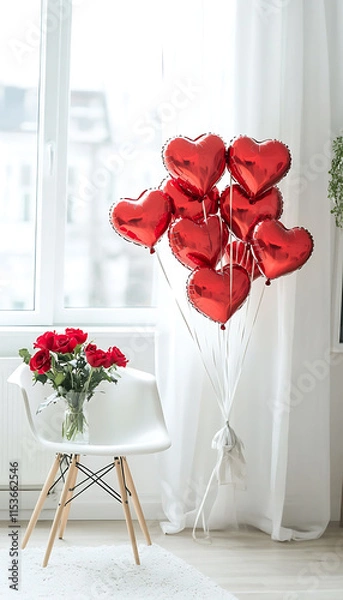 Fototapeta A modern minimalist room filled with heart-shaped red foil balloons, creating a romantic and festive atmosphere, perfect for celebrating love and special occasions.

