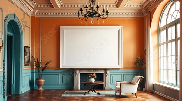 Fototapeta High-resolution stock photo an empty white frame in a graceful, elegant house interior, featuring warm terracotta and cool teal tones. 