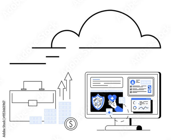 Obraz Cloud with data flow, computer screen with data analytics, briefcase and financial growth symbols. Ideal for finance, cloud computing, data analytics, business strategy, technology, digital
