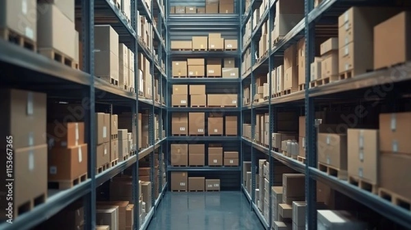 Fototapeta  A warehouse with shelves full of boxes, symbolizing the stock house in an e-commerce marketing video animation.