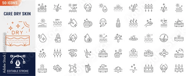 Fototapeta Care dry skin line icon set. Editable stroke. Vitamin E, olive oil, collagen, serum drop and More. Vector illustration