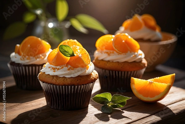 Obraz Orange fruit cupcakes on a rustic table. Bright sunlight, beautiful shadows, leaves.