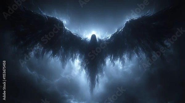 Obraz Dark winged entity in stormy clouds.