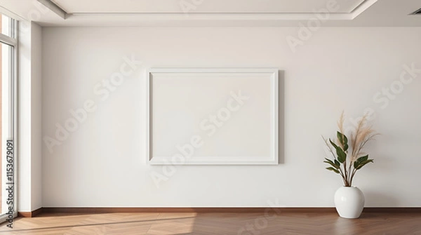 Fototapeta Professional-quality, high-resolution stock photo A blank, white frame on a clean wall within a modern interior. The scene uses low-key lighting 