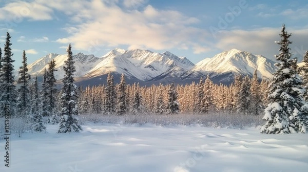 Fototapeta Snowy mountains and trees in a serene winter landscape. 