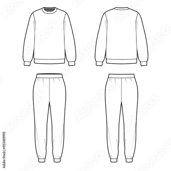 Obraz Technical Flat sketch of sweatshirt and sweatpants. Vector mock up Template. Sweat shirt and jogger pants. long sleeve with rib trim cuffs. Elasticated waist lounge set. Pullover top. Round neck Tee.