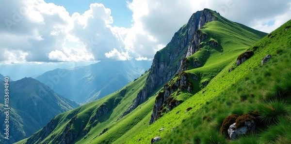 Fototapeta Rugged mountain slope covered in lush greenery under cloudy skies, terrain, rugged