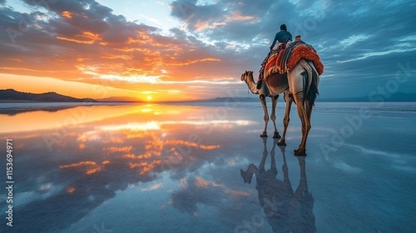 Fototapeta Camel and Person on a Beach at Sunset.