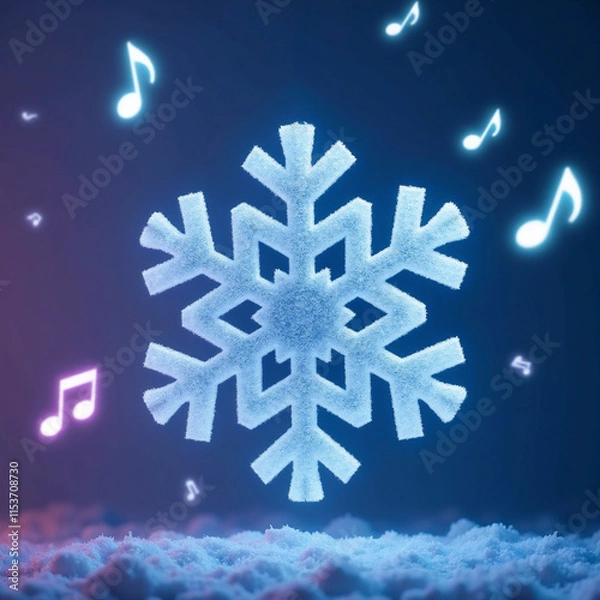 Obraz Sparkling snowflake hanging on fairytale winter background with colorful music notes around