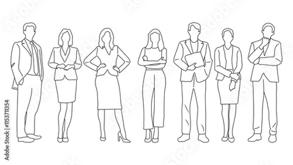 Fototapeta Group of Business Professionals Black and White Vector Illustration. Business Men and Women Standing Minimalist Vector Sketch.