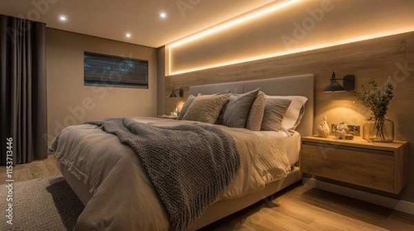 Fototapeta A tranquil bedroom with earthy tones, floating bedside tables, and soft recessed lighting in the ceiling