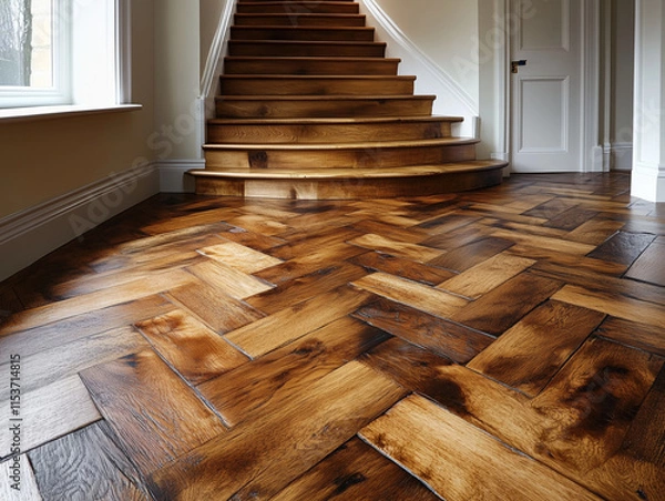 Fototapeta Sol d'un bel appartement à Paris avec un parquet en bois massif vernis avec mur en plâtre blanc et moulures et un bel escalier avec rambarde