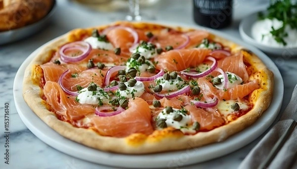 Fototapeta Delicious smoked salmon pizza with red onion, capers, and cream cheese. (1)