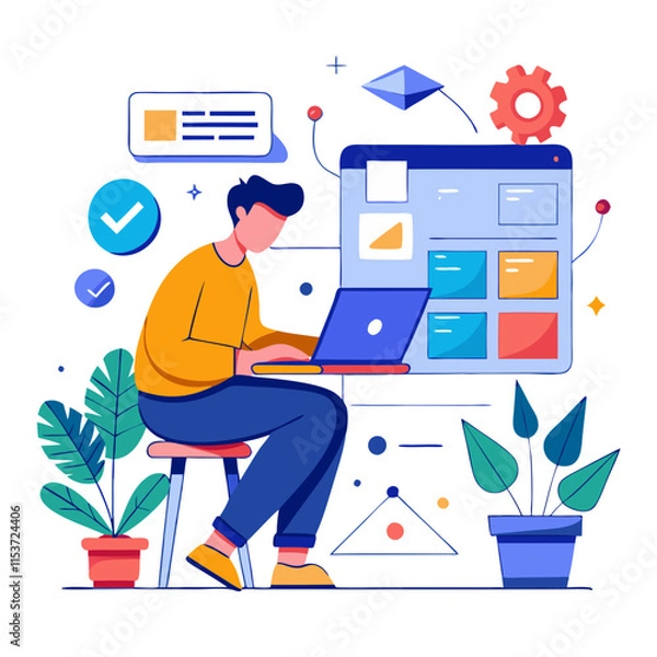Fototapeta Web developer working on layout design and website creation in an engaging digital environment