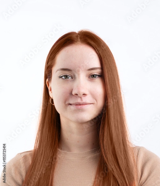 Fototapeta Mocha Mousse - color of the year 2025. Biometric Passport photo of attractive female, natural look healthy skin