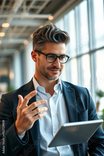 Fototapeta Professional business person using tablet standing in office. Happy manager, executive leader holding tab at work, looking at camera. Vertical portrait
