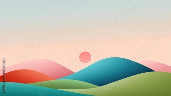 Fototapeta A serene landscape featuring colorful rolling hills and a soft sunset, creating a calming and picturesque scene.