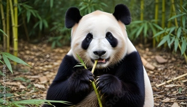 Fototapeta A close-up of a panda munching on bamboo