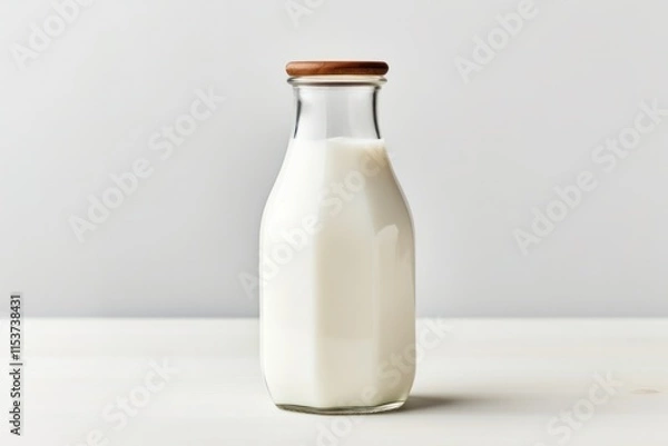 Fototapeta A vintage-style glass milk bottle filled with whole milk, surrounded by a soft shadow on a pure white backdrop