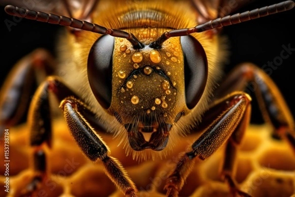 Fototapeta Detailed image of a honeybee's compound eyes and antennae, emphasizing its delicate features