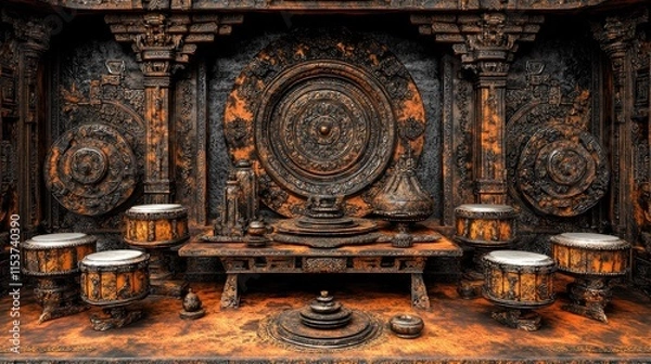 Fototapeta An ornate, ancient altar with intricate carvings and ceremonial objects.