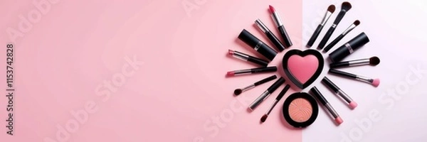 Fototapeta Valentine's Day background. Makeup products in the shape of heart. Cosmetic products. Fashion and beauty concept. Copyspace for text banner