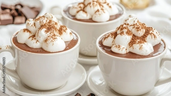 Fototapeta Steaming Hot Chocolates with Whipped Cream Topping