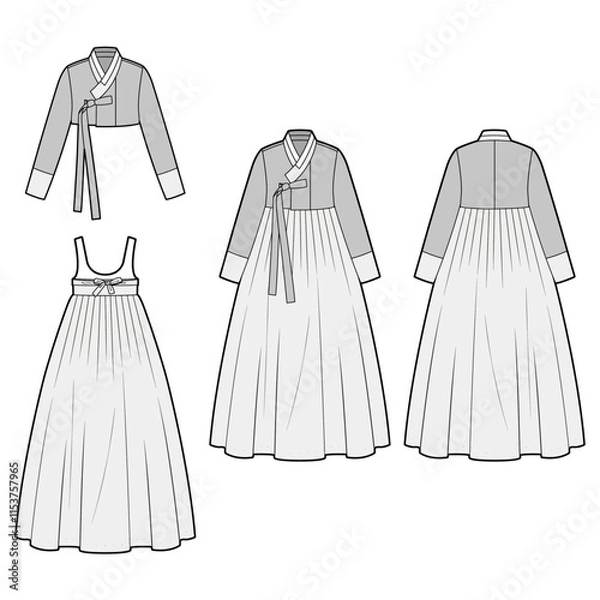 Obraz Technical flat sketch of Women's Hanbok. Traditional Korean attire. Crop jacket, skirt, volume sleeves, ribbon straps. 