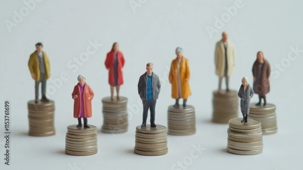 Obraz Miniature standing on a pile of coins concept of economic growth power, with white background active blur effect adds a minimalist touch