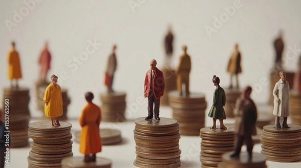 Obraz Miniature standing on a pile of coins concept of economic growth power, with white background active blur effect adds a minimalist touch