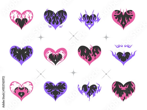Obraz Neo tribal hearts collection. Y2k heart with flame symbol, pink violet color. Vector clip art for tattoo, fashion, visual element.