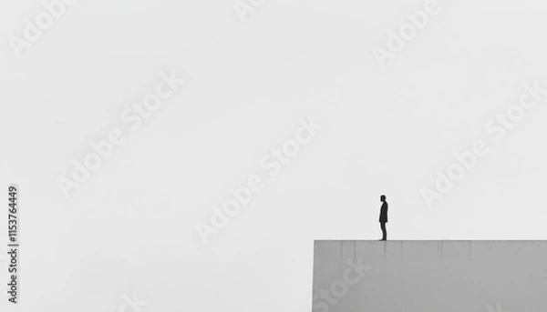 Fototapeta A solitary figure stands on a rooftop edge, silhouetted against a minimalistic overcast sky creating a sense of isolation and contemplation