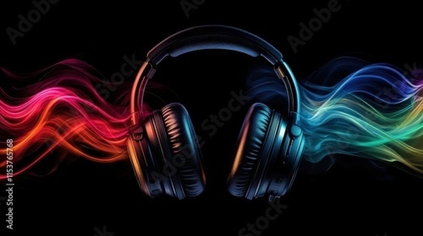 Fototapeta Headphones and Sound Waves:  A pair of black headphones stands in front of a colorful abstract background, symbolizing the power of music to transport us to another world.  