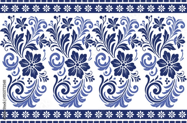 Fototapeta blue seamless floral design with ornate tulip shapes and detailed leaf patterns featuring a classic border for fabric background, textile design, and chic fashion prints