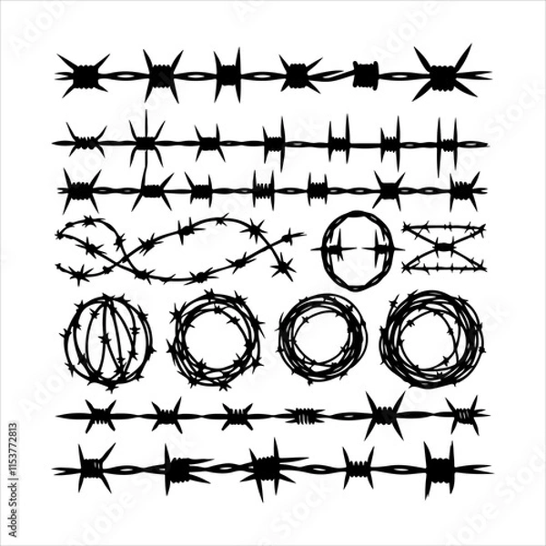 Fototapeta Barbed wire collection silhouette vector. Barbed wire metallic border elements, barb wire set, barb wire icon. Barbed wire fence on the border silhouette illustration