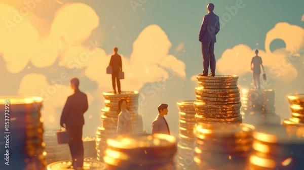 Fototapeta Several people stand on piles of coins, which symbolize wealth, investment and financial success. Abstract art of golden color is associated with financial success