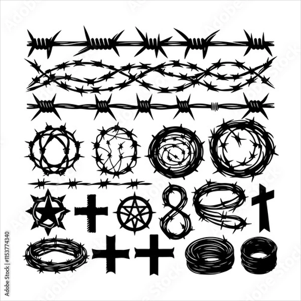 Fototapeta Barbed wire collection silhouette vector. Barbed wire metallic border elements, barb wire set, barb wire icon. Barbed wire fence on the border silhouette illustration