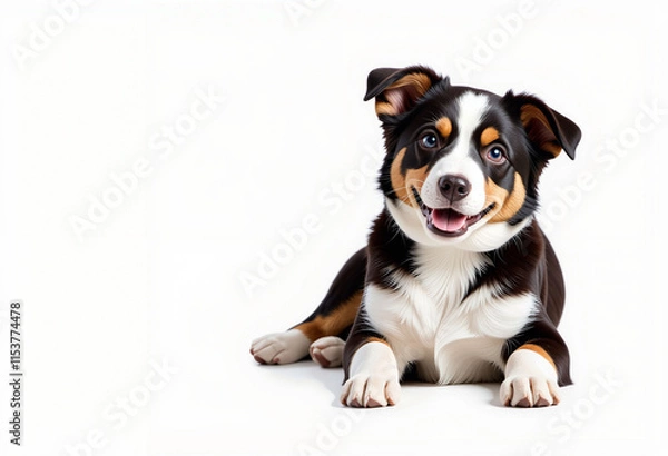 Fototapeta A cute puppy with a bone, a white and black Border Collie sitting on a white background.