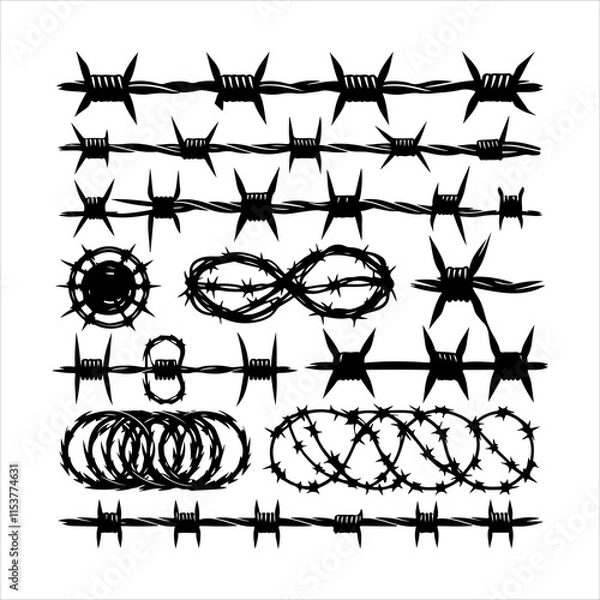 Fototapeta Barbed wire collection silhouette vector. Barbed wire metallic border elements, barb wire set, barb wire icon. Barbed wire fence on the border silhouette illustration