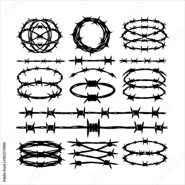 Fototapeta Barbed wire collection silhouette vector. Barbed wire metallic border elements, barb wire set, barb wire icon. Barbed wire fence on the border silhouette illustration