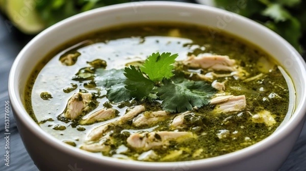 Fototapeta Delicious spicy slow cooker green chicken chili with fresh cilantro garnish