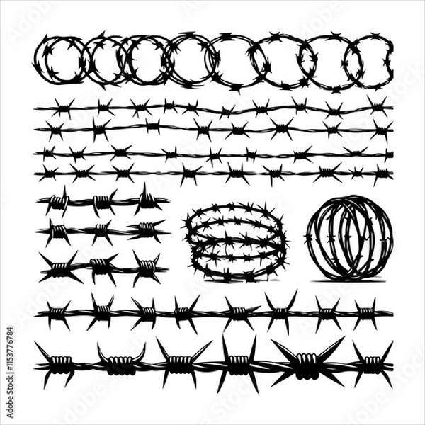 Fototapeta Barbed wire collection silhouette vector. Barbed wire metallic border elements, barb wire set, barb wire icon. Barbed wire fence on the border silhouette illustration