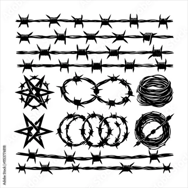 Fototapeta Barbed wire collection silhouette vector. Barbed wire metallic border elements, barb wire set, barb wire icon. Barbed wire fence on the border silhouette illustration