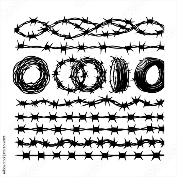 Fototapeta Barbed wire collection silhouette vector. Barbed wire metallic border elements, barb wire set, barb wire icon. Barbed wire fence on the border silhouette illustration